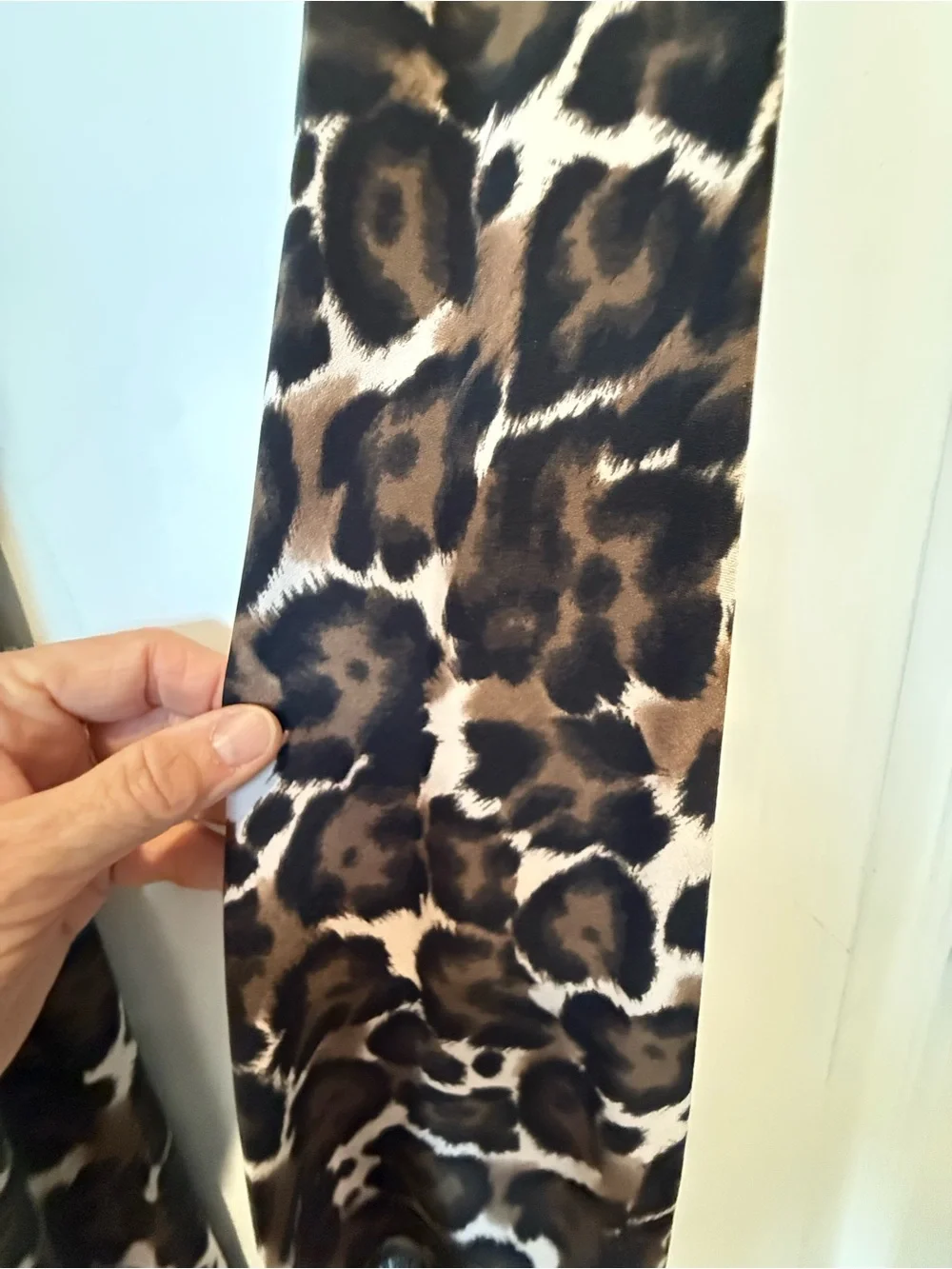 Gorgeous leopard print long silk scarf (or belt) with black fringe